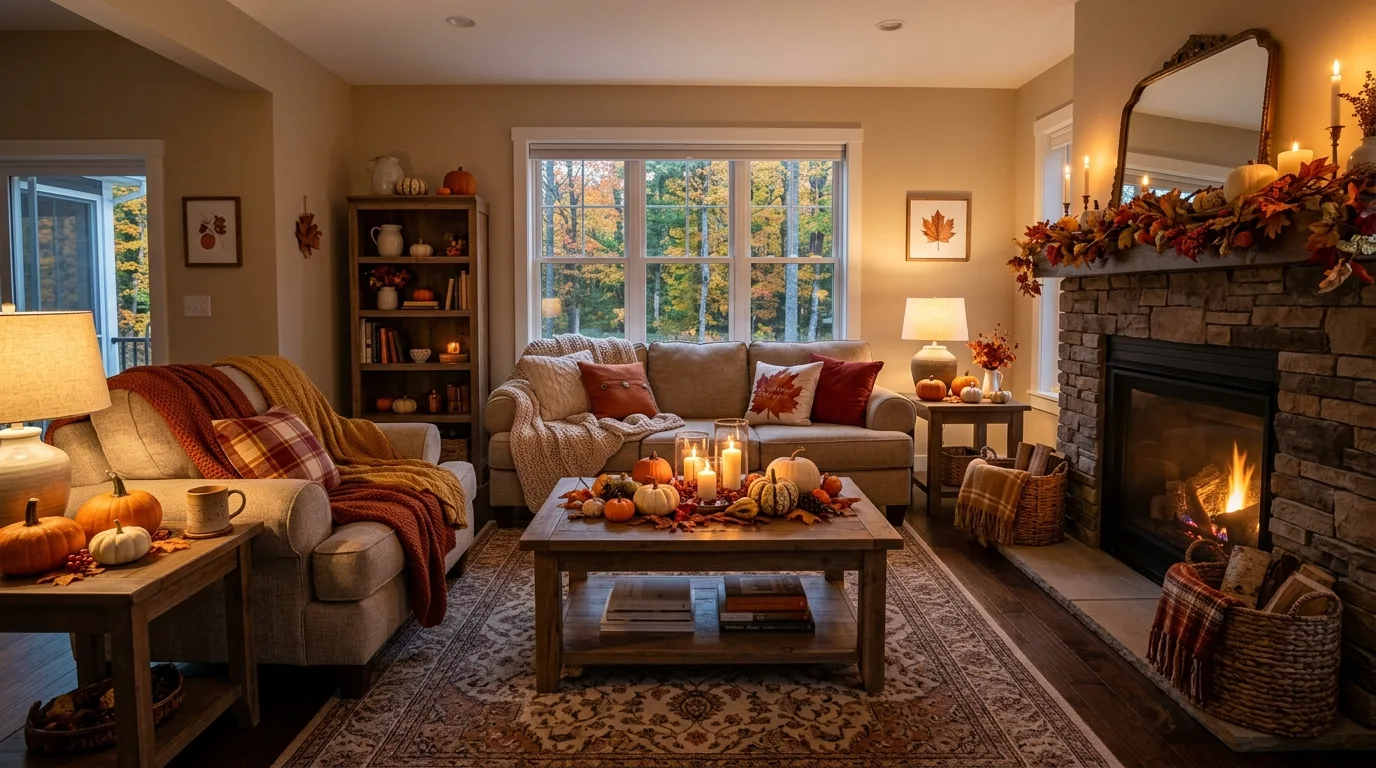 Cozy indoor fall decor creating a warm autumn home refresh.